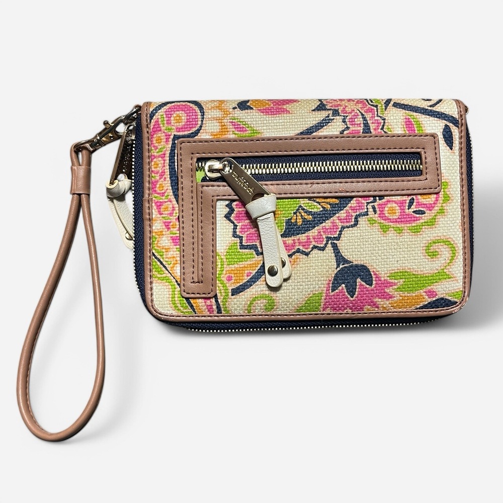Spartina 449 Wristlet Wallet Brown‎ Leather Colorful Paisley Linen Phone Pocket - Picture 2 of 11